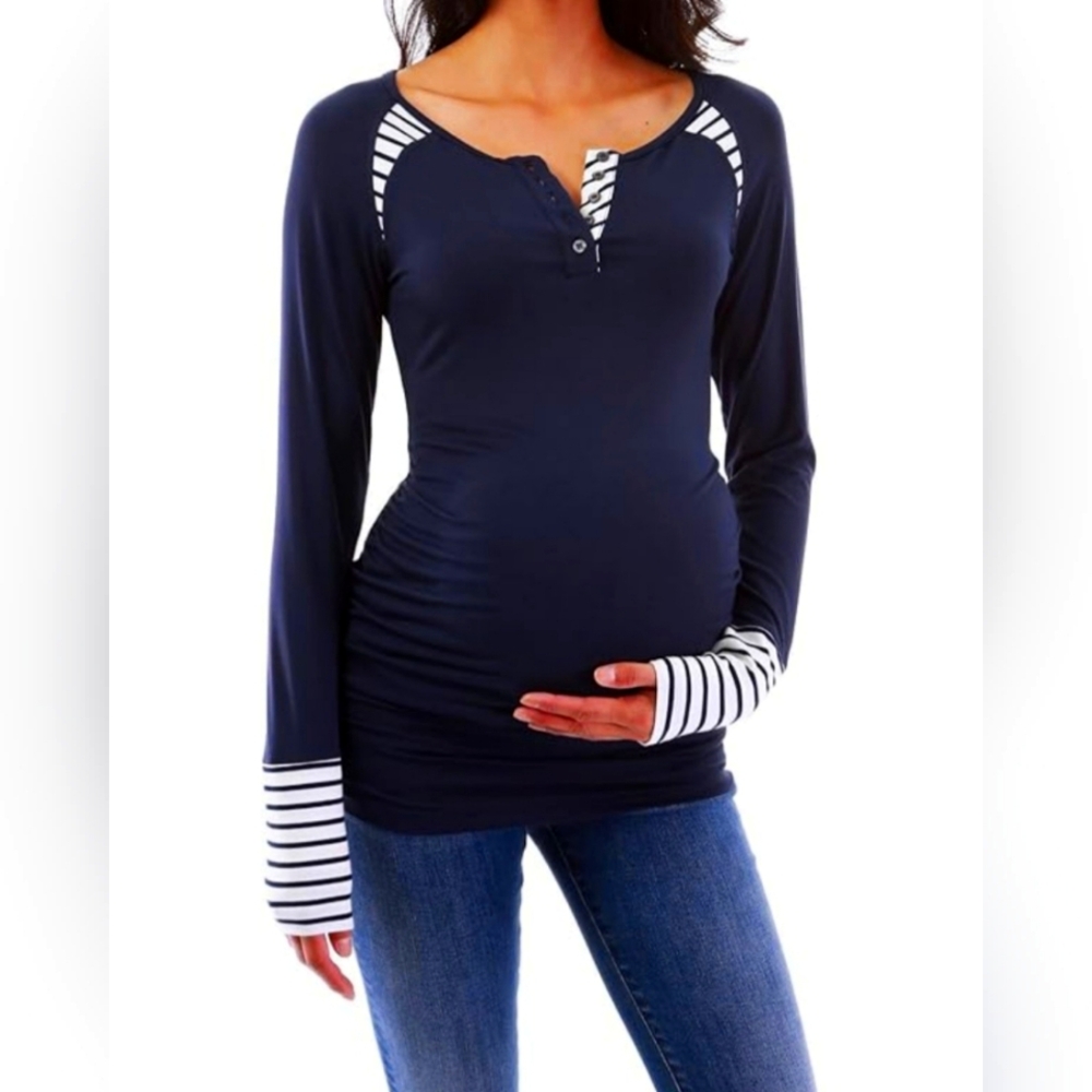 Cute Maternity Long Sleeve Shirt Navy Blue with Stripe details PattyBoutik Large
